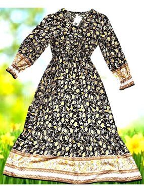 NWT Prettygarden Maxi Dress Large Yellow Black Floral Prairie Long Sleeves